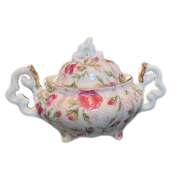 Vtg Lefton China Miniature Creamer & Covered Sugar Pink Rose Chintz NE794R Japan - Picture 2 of 10